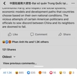 Các Facebooker Việt Nam bày tỏ thái độ đối với bài đăng của ĐSQ TQ nói về các phát ngôn của Mỹ; 20/11/2020